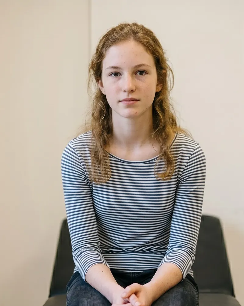 Paula Soares, 16 anos, paciente de um caso de ginecologia no Dewe Med, sentada numa cadeira de consultório.